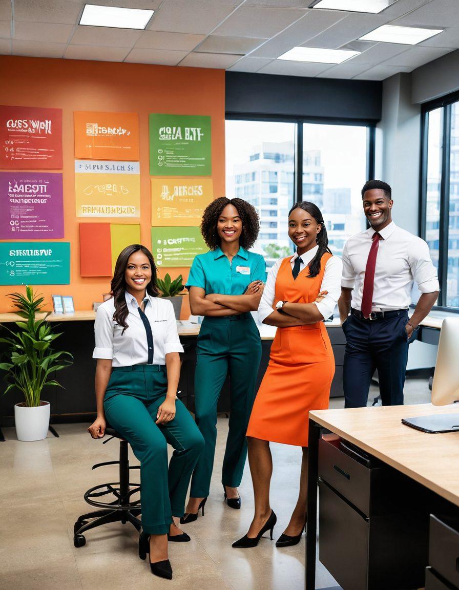 A vibrant office scene showcasing diverse employees wearing joyful and premium uniforms, radiating positivity and professionalism. Incorporate elements like a bright color palette, modern designs of the uniforms, and a backdrop of a bustling workplace with happy interactions. Include motivational posters on the walls and plants to symbolize a healthy work environment. super-realistic. vibrant colors. modern style.
