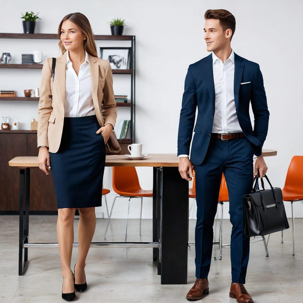 A seamless transition scene showcasing a person in a casual outfit on one side and the same person in a sleek, well-fitted corporate uniform on the other. Incorporate elements symbolizing professionalism, like a briefcase or office setting, transitioning into a more relaxed environment, like a coffee shop. Vibrant colors to illustrate the dynamic shift in attire and atmosphere. Super-realistic. White background.