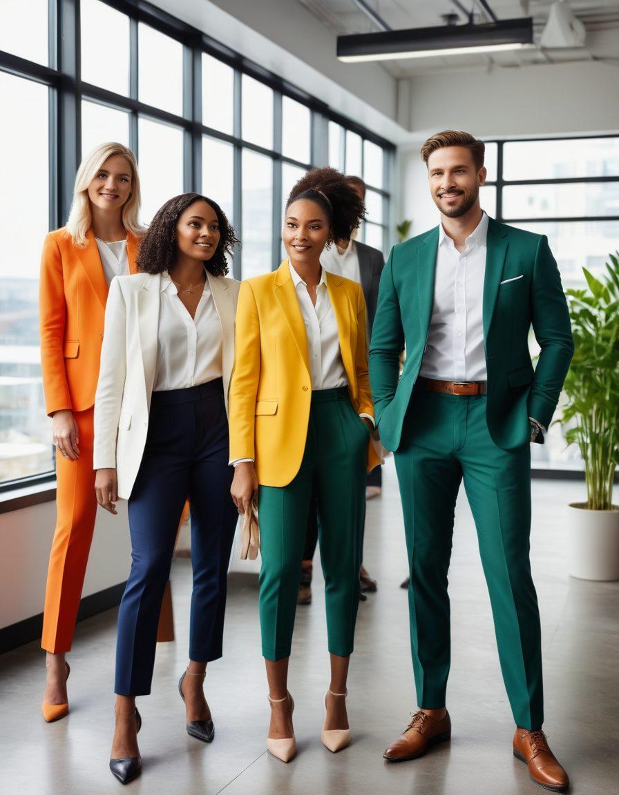 A fashionable and diverse group of professionals in stylish, personalized workplace attire, confidently collaborating in a modern office environment. Showcase a range of outfits that reflect individual personalities while emphasizing comfort and sophistication. Include bright, natural light streaming through large windows, with greenery visible outside. The atmosphere is vibrant and positive, capturing the essence of a trendy, inclusive workplace. super-realistic. vibrant colors. modern design.